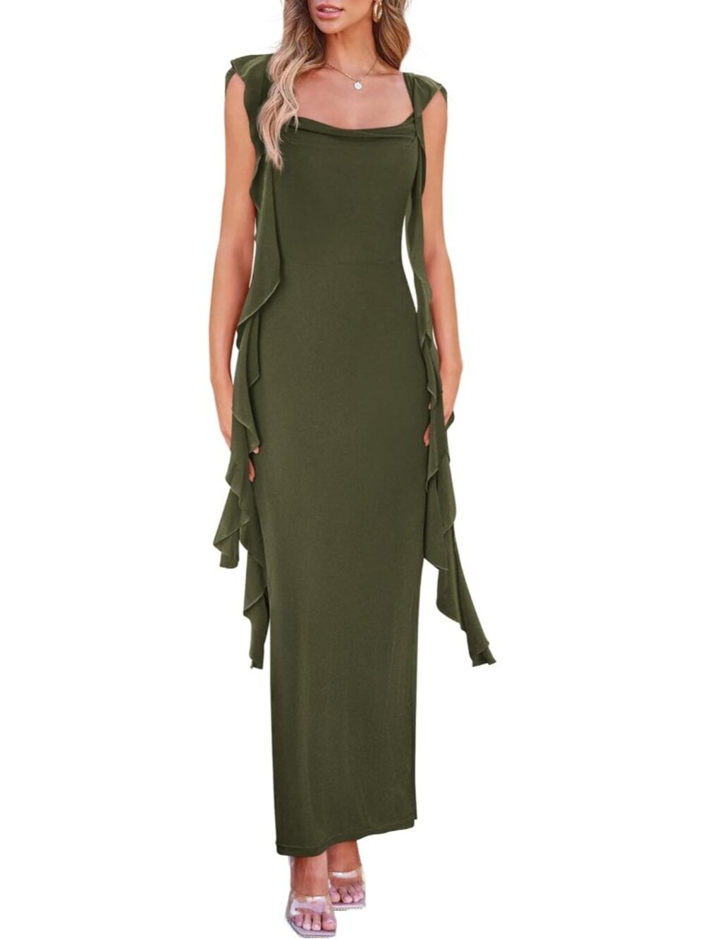 Women's Army Green Ruffle Bodycon Soft Stretchy Slim Fit Wedding Maxi Dresses